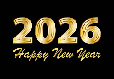 Siyah arka planda parlak altın renginde 2026. Kutlamalar için yeni yıl mesajı.