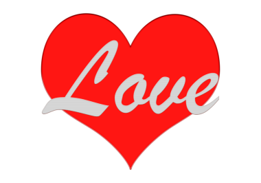 Şeffaf bir arkaplanda zarif gri kaligrafiyle yazılmış aşk sözcüğüyle canlı kırmızı bir kalp.