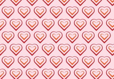 Pembe arka planda kırmızının tonlarında eşmerkezli doğrusal kalplerin tekrarlanan deseni