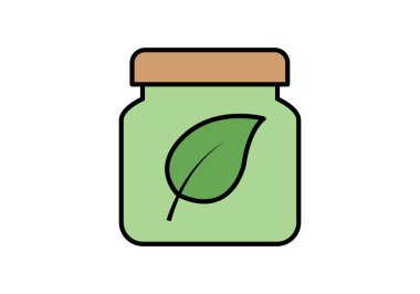 Ahşap kapaklı yeşil cam kavanoz ve organik ürünler ve çevre dostu kozmetikler için doğal bir yaprak.