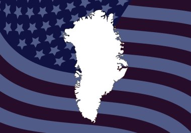 Grönland haritasının beyaz silueti arka planda Amerika Birleşik Devletleri bayrağının koyu tonlarında