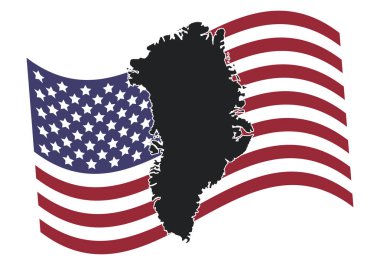 Grönland haritasının siyah silueti Amerika Birleşik Devletleri bayrağının arka planında rüzgarda sallanıyor.
