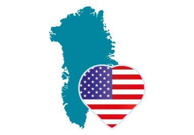 Grönland haritasının silueti ve Amerika Birleşik Devletleri bayrağından bir kalp.