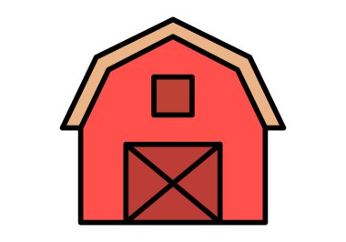 Ahşap çatılı ve klasik kapısı olan kırmızı çiftlik ahırı.