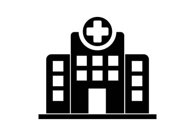 Siyah simge şeklinde tıbbi haç sembolü olan hastane binası