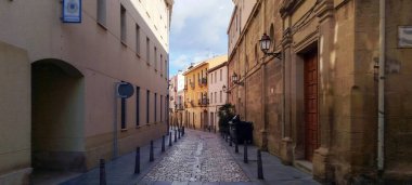 İspanya 'nın Logroo şehrinde bulutlu mavi gökyüzünün altında tarihi bina cepheleriyle dar bir cadde.