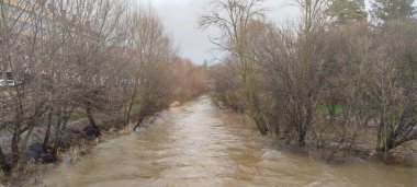 İspanya 'nın Burgos şehrinde bulutlu bir günde yapraksız, yapraksız ağaçlarla çevrili hızlı akan bir nehrin manzarası.