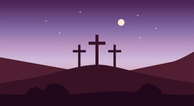 Üç haç silueti bir tepede yıldızlı bir gökyüzünün altında dolunay ile