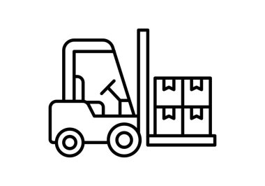 Lojistik ve depo işleri için karton kutuları kaldıran bir forklift 'in doğrusal simgesi