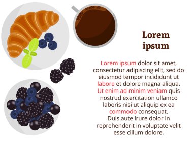 Kruvasan, yaban mersini, böğürtlen ve nane ile kahve fincanı.