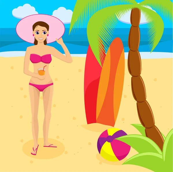 Young beautiful woman on sea beach. — Stock Vector