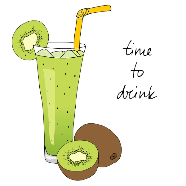 Cocktail kiwi dessiné à la main avec glace, paille sur fond blanc . — Image vectorielle