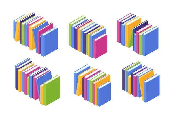 Bokhögen Isometrisk Vektor Illustration Uppsättning Staplar Stående Färgglada Papper Läroböcker — Stock vektor