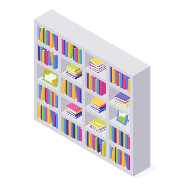 Books Shelf Isometric Vector Illustration Stacks Standing Lying Paper Books — Stock Vector