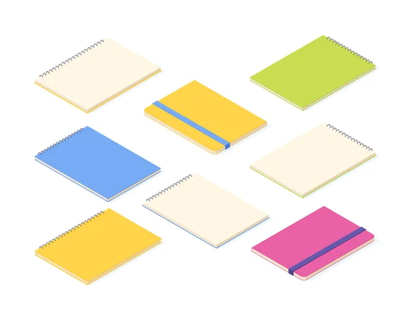 Notebook Isometrische Set Diverse Papieren Notitieblokken Met Spiraalvormige Harde Omslag — Stockvector