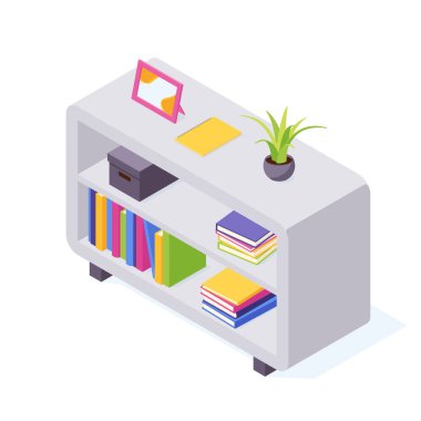 Raftaki kitaplar izometrik vektör illüstrasyonunda.