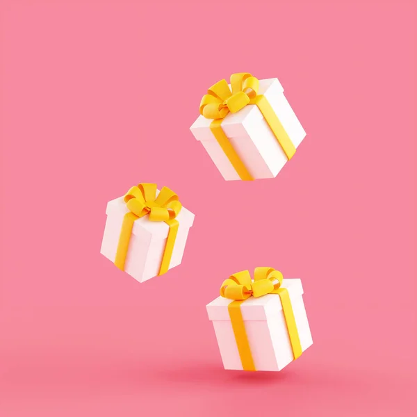 Falling gift boxes with ribbon and bow 3d render illustration.