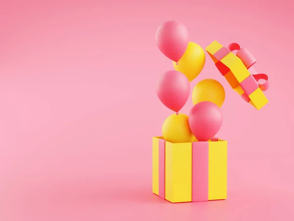 Open gift box with flying balloons 3d illustration.