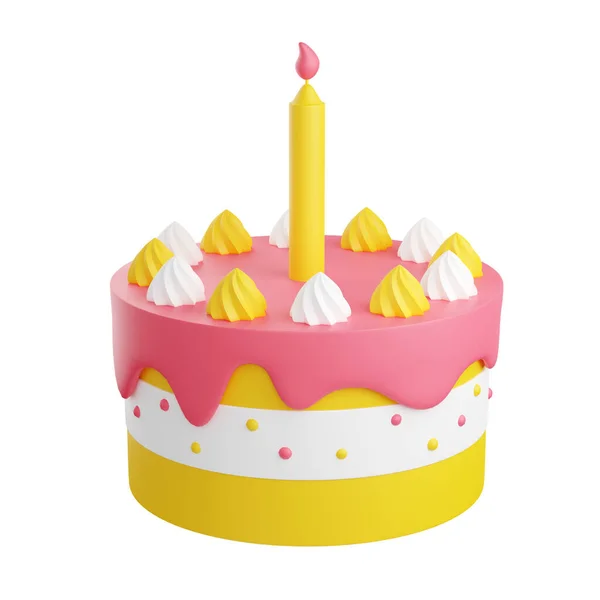 Pastel de cumpleaños con decoración y vela 3d render illustration. — Foto de Stock