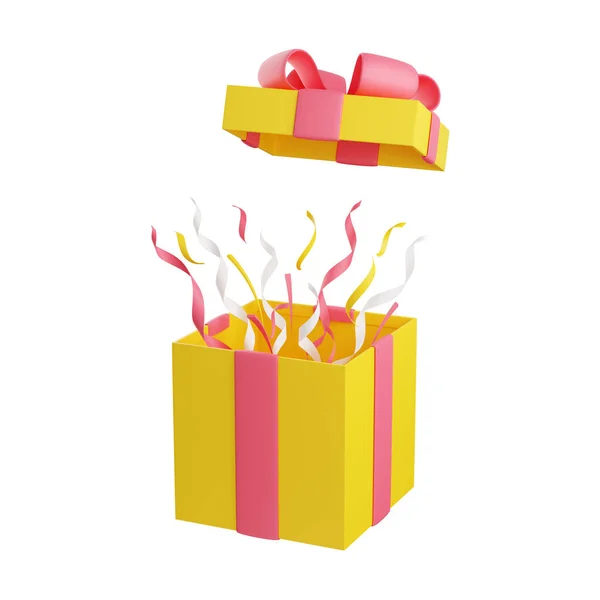 Open geschenkdoos met vliegende dop en confetti - 3D-weergave verrassingsillustratie. — Stockfoto