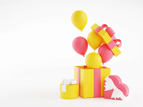 Cajas de regalo y globos - Ilustración 3D de paquetes de regalo de cumpleaños abiertos con cintas y globos voladores — Foto de Stock