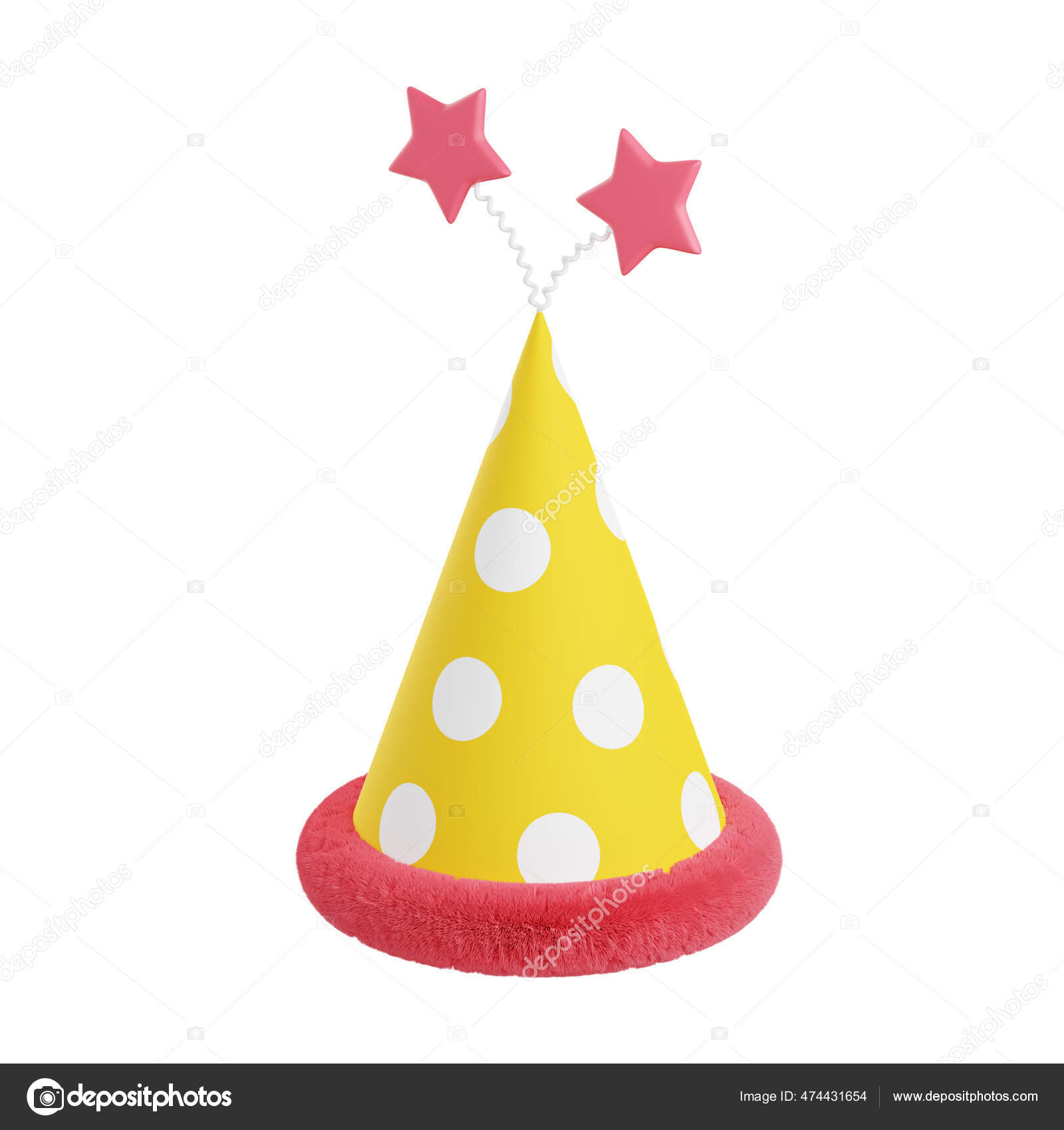 Parte sombrero 3d ilustración. Cono de papel amarillo con puntos,  decoración rosa y estrellas para cumpleaños o celebración navideña  Ilustración de stock #474431654 de ©RoJDesign, image size:1600x1700