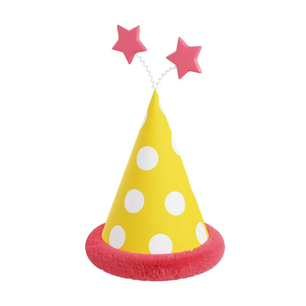 Parte sombrero 3d ilustración. Cono de papel amarillo con puntos, decoración rosa y estrellas para cumpleaños o celebración navideña — Foto de Stock