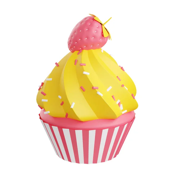 Cupcake con crema de remolino decorado con aspersiones y fresa 3d render illustration. — Foto de Stock