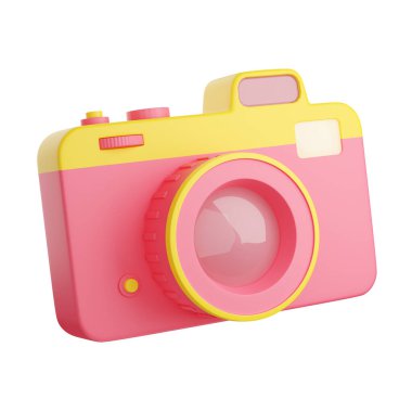 Fotoğraf makinesi 3D görüntüleme. Pembe ve sarı lensli dijital fotoğraf makinesi.