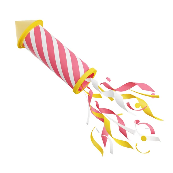 Firework with confetti 3d render illustration. Pink and yellow striped flying rocket with sparkles. — Stock Photo, Image