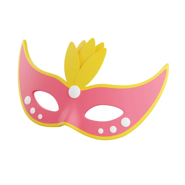 Masque de carnaval 3d rendu illustration. Mascarade visage rose ornée de plumes jaunes. — Photo