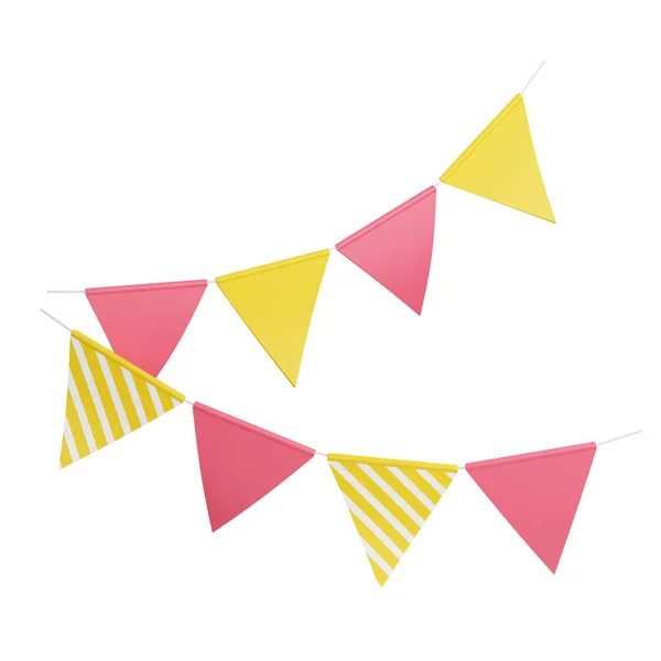 Banderas del partido 3d representación ilustración. Banderas triangulares rosas y amarillas colgando de la cuerda para la decoración de cumpleaños o vacaciones — Foto de Stock
