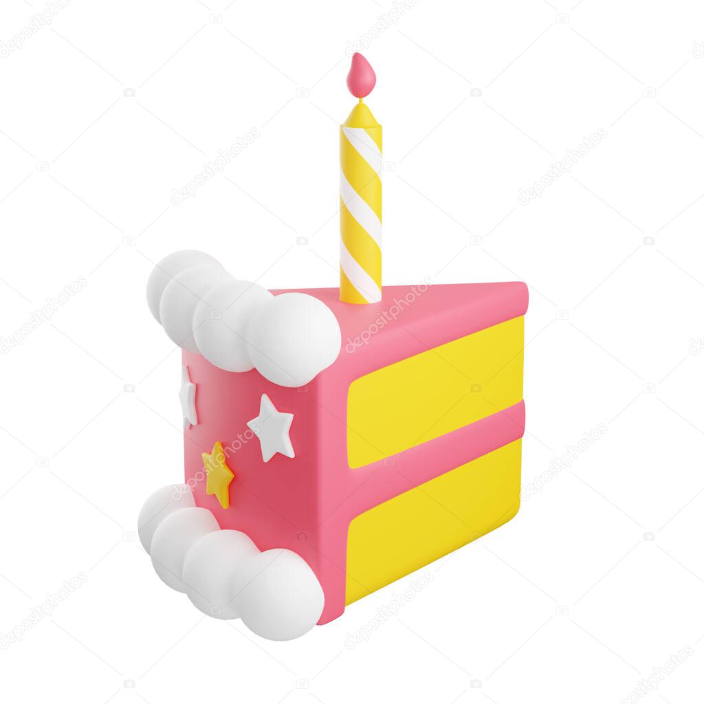 Piece of birthday cake with icing and candle 3d render illustration.