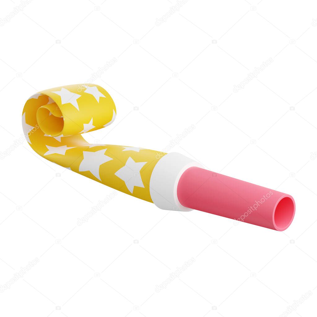Party blower 3d render illustration. Pink and yellow rolled paper whistle with stars for birthday or holiday celebration