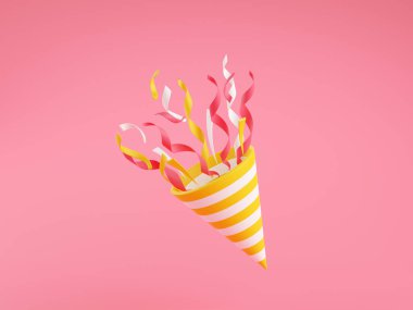 Pembe arka planda uçan konfeti 3D resimli parti tutucusu.