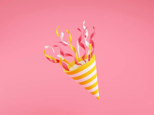 Party popper met vliegende confetti 3d maken illustratie op roze achtergrond. — Stockfoto