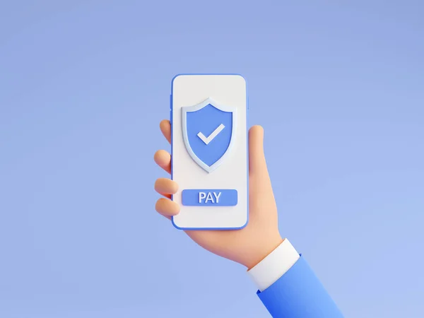 Secure online payment 3d render illustration with human hand holding mobile phone with shield and pay button.