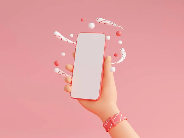 Beyaz beyaz ekran 3D görüntüleme ile insan eli cep telefonu.