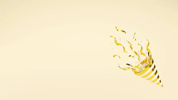Arany party popper repülő konfetti 3d render illusztráció másolási hely. — Stock Fotó