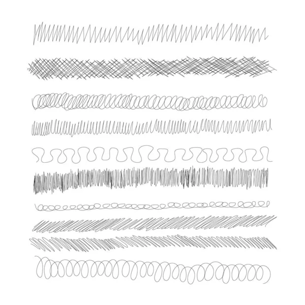 Inkt pen scrawl randen collectie - verschillende rijen van met de hand getrokken krabbellijn tekeningen. — Stockvector