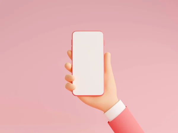 İnsan eliyle cep telefonu modeli Pembe arka planda 3D çizim.