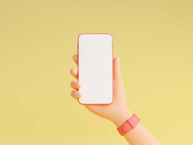 Pembe kol saatleriyle insan eliyle akıllı telefon modeli 3 boyutlu çizim.