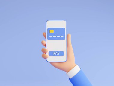 Online payment 3d render illustration with hand holding mobile phone with credit card and pay button.