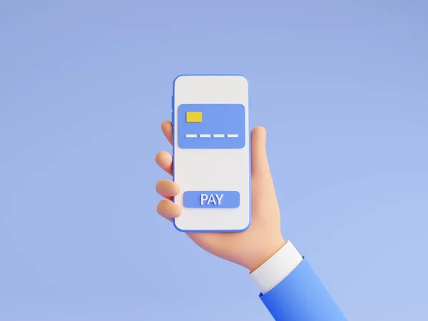 Інтернет платіжна 3d ілюстрація рендеринга з рукою, що тримає мобільний телефон з кредитною карткою та кнопкою оплати . — стокове фото
