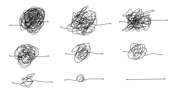 Komplexe und einfache Linienführung. Scribble Linienknoten von komplizierten zu einfachen Formen. — Stockvektor