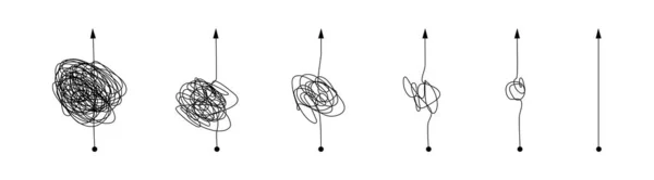 Set di percorsi di linea complessi e semplici. Linea Scribble nodo da complicato a forma di semplicità — Vettoriale Stock