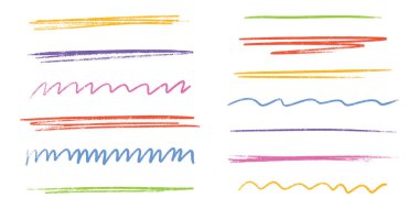 Değişik stillerde renkli pastel boya kalemi vuruşları. Düz ve dalgalı, zikzak desenli ve elle çizilmiş. Vurgu veya dekoratif metin vurguları için canlı pastel renk çizgileri.