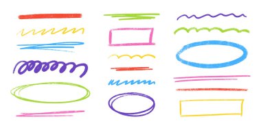 Renkli fırça darbeleri ve tebeşir desenli kalem izleri - dalgalı çizgi desenleri, altı çizili elementler, dairesel çerçeveler ve dikdörtgen kenarlar. Elle çizilmiş enerjik yaratıcı vurgu.