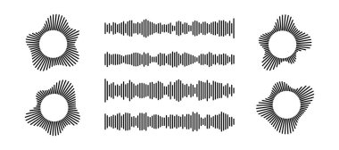 Ses ve yayın arayüzleri için ses dalgası şablonlarına sahip Podcast ses dalgası dairesel simgeleri. Radyasyon düzeninde siyah frekans çubukları ve yatay dalga formları. Dijital eşitleyici.