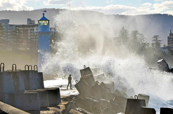 Big waves breaking over man, dog and breakwall — Stock Photo, Image